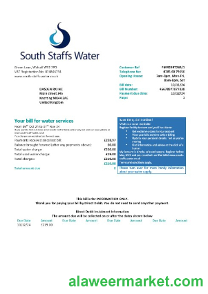 United Kingdom South Staffs Water water business utility bill Word and PDF formats, version 2